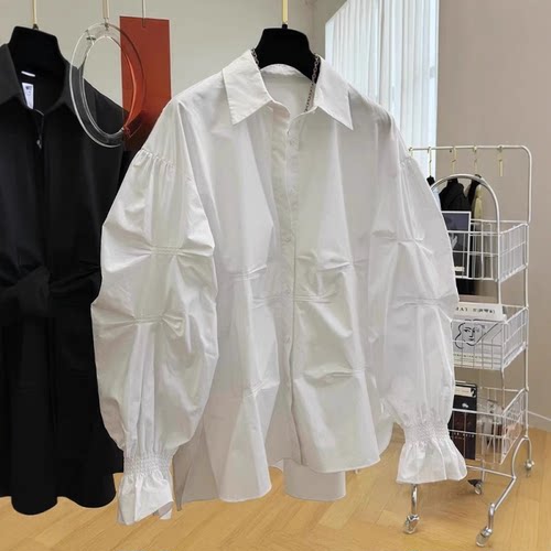 白色灯笼袖衬衫女春季褶皱上衣