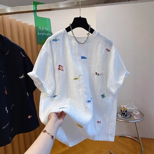 大碼 白色刺繡100%純棉T恤女短袖 2025年夏季 新款 寬松套頭圓領(lǐng)上衣