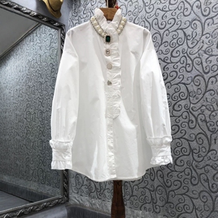 重工镶钻钉珠纯棉衬衫女长袖2025年秋季白色立领荷叶边中长款衬衣