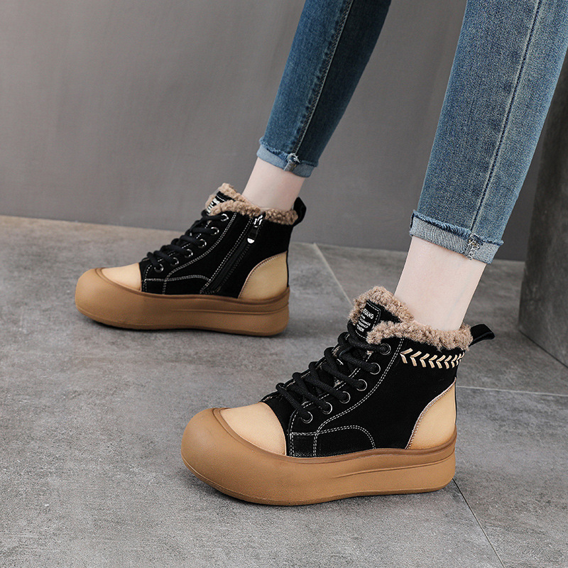 复古拼色加绒保暖棉鞋高帮休闲板鞋秋冬新款轻奢短靴头层牛皮女鞋