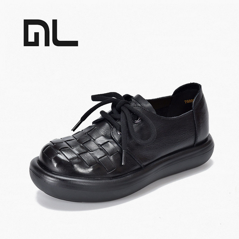 复古厚底鞋2026春季系带深口鞋松糕鞋头层牛皮编织森女鞋轻便防滑