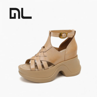 真皮10cm高跟罗马凉鞋 凉靴 女厚底增高露趾坡跟小个子百搭休闲夏季