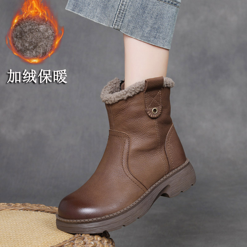 吉树25冬新款头层牛皮毛毛靴真皮复古低跟软底手工马丁靴雪地