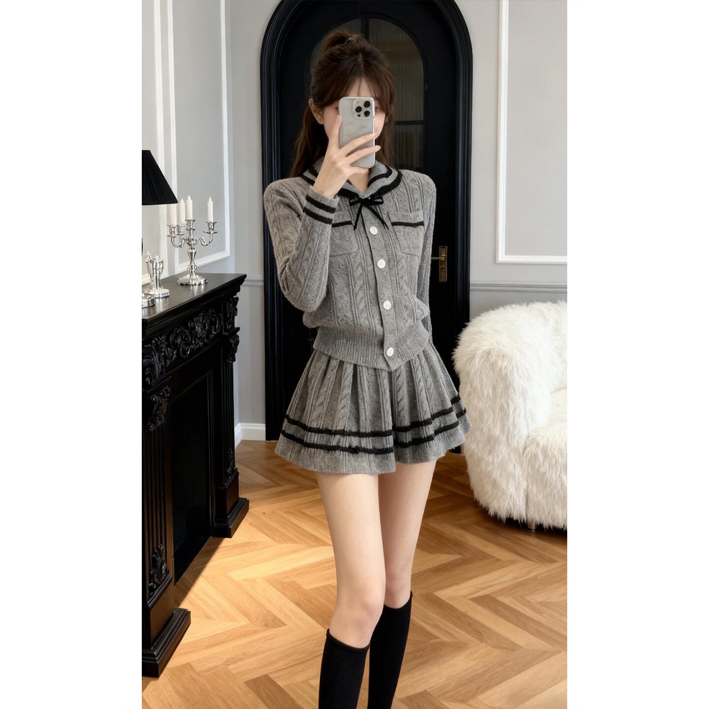 2026新款韩系针织连衣裙子女秋冬学院风海军领针织衫高腰半裙套装