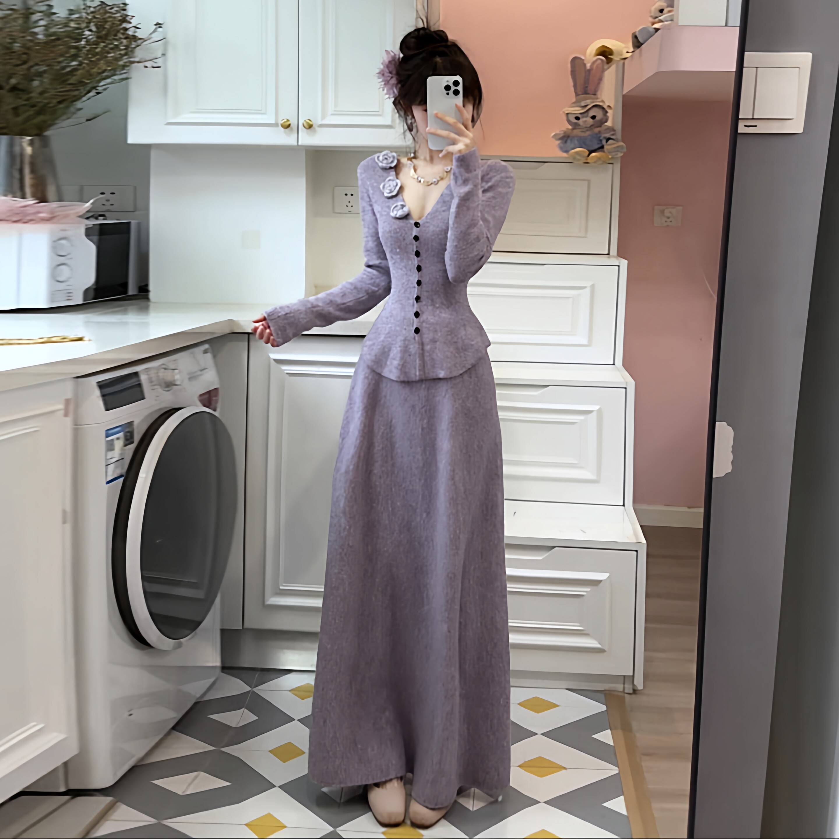 紫色法式气质v领针织连衣裙子女秋冬2026新款巨好看穿搭一整套装