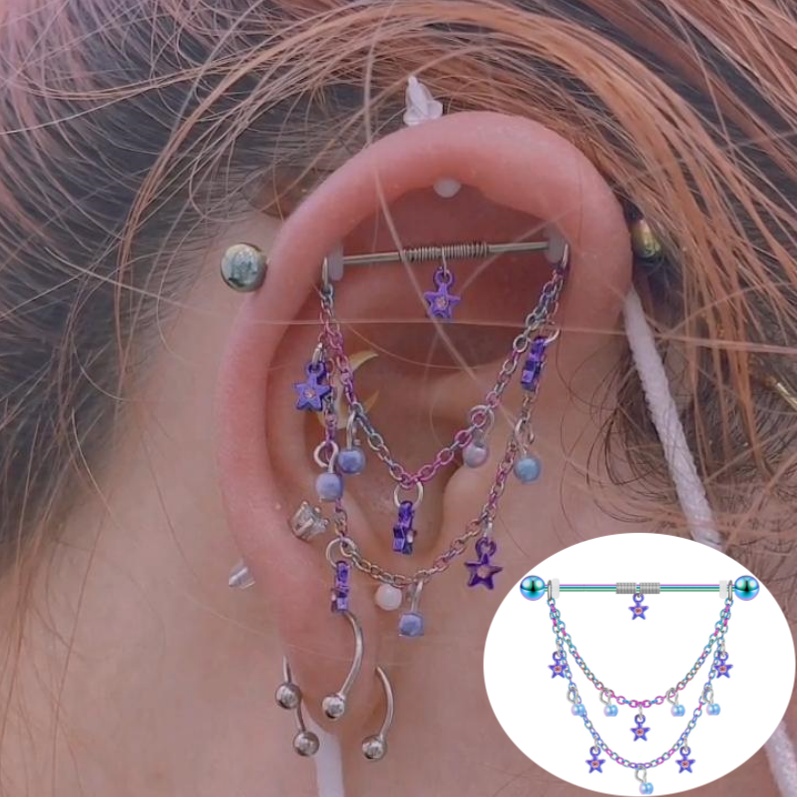 川月穿刺不锈钢钛钢紫色五角星链条珠珠耳桥长杆耳骨钉饰品防过敏