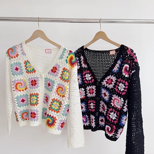 P233 两色手钩棉线撞色设计休闲开衫