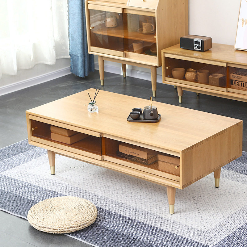 舜伊家具玻璃移门橡木茶几现代北欧客厅家用储物茶台简约原木