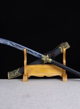 未开刃刀剑高锰钢烤蓝手工锻打双手牛尾刀康熙战刀宝剑收藏未开刃