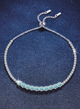 跨境热销s925纯银手链女莫桑石渐变湖水绿几何方糖莫桑石手链