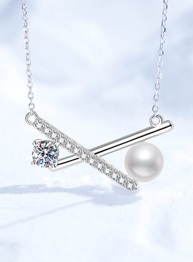 欧美跨境莫桑石项链淡水珍珠交叉蝴蝶结吊坠s925纯银项链现货