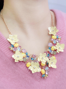 复古彩色玻璃喷漆花朵项链中古vintage时尚百搭项饰吊坠青岛轻奢