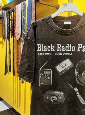 【黑色收音机派对】 2025摇滚复古水洗印花乐队巡演男女短袖T恤