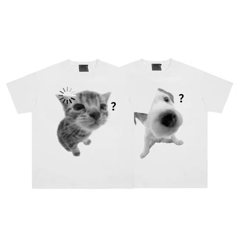原创趣味卡通印花猫咪狗狗可爱短袖T恤宽松男女纯棉上衣情侣潮牌