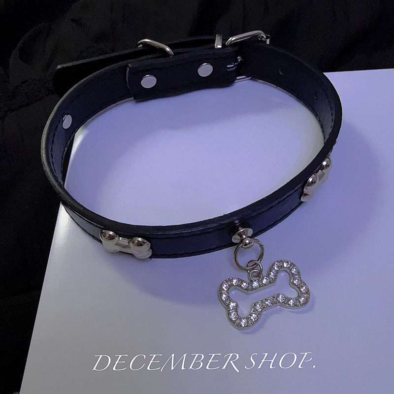 新款小狗骨头puppy吊坠chocker颈带暗黑PU项圈颈链脖环百搭约会