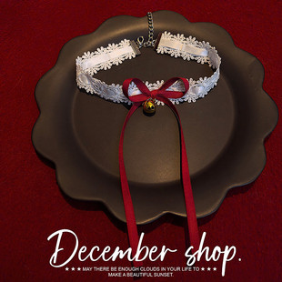 Lolita白蕾丝蝴蝶结项圈锁骨链年会新年表演配饰铃铛圣诞甜酷 包邮