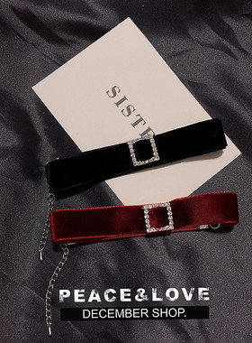 手作choker丝绒带酒红色水钻颈链脖链女短款锁骨链气质脖子项圈