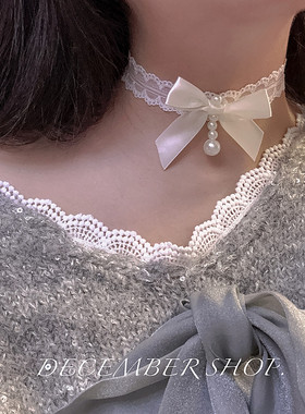 新款夏日白蕾丝蝴蝶结项链珍珠性感choker项圈颈链女锁骨链颈带