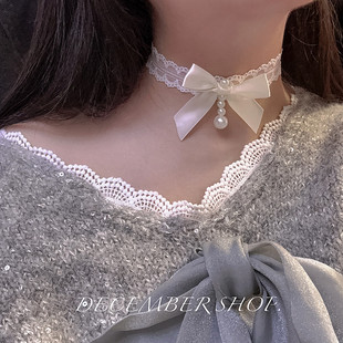 新款 夏日白蕾丝蝴蝶结项链珍珠性感choker项圈颈链女锁骨链颈带