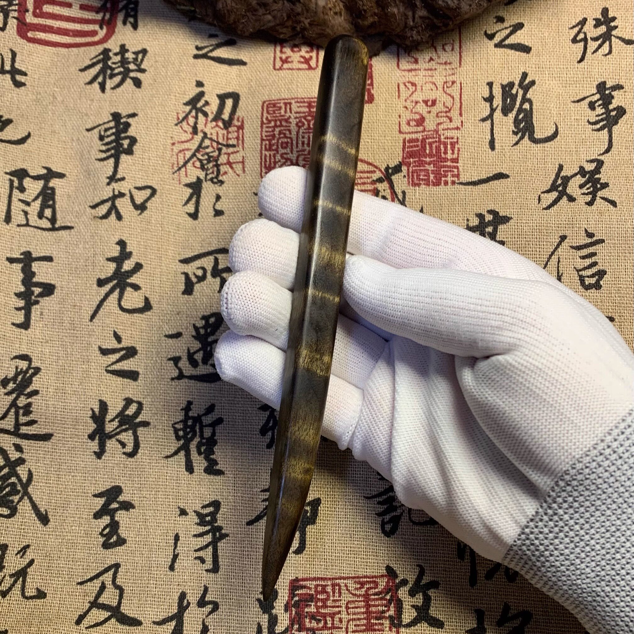 天然阴沉金丝楠木发簪发饰乌木挂件雕刻满水波龙胆纹