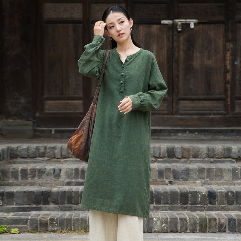 25秋棉麻女装新品旗袍改良版连衣裙苎麻砂洗炒色茶服禅意女式