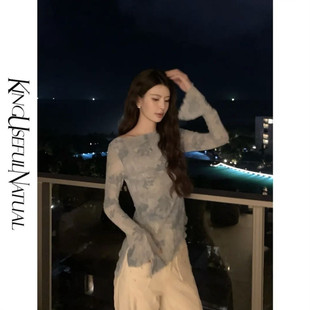 微透防晒烫钻长袖 浅蓝色印花网纱上衣女喇叭袖 T恤 春夏季 蓝絮栖光