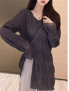 早秋港味长袖防晒罩衫超仙设计感中长款微透外搭开叉衬衫女上衣潮