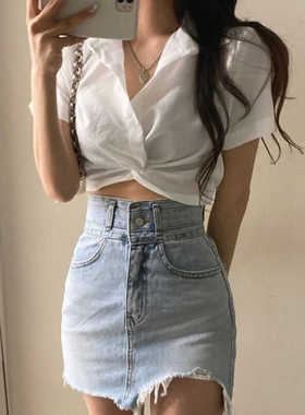 Rapcopter扭结设计感衬衫女短款露脐气质修身百搭辣妹短袖上衣潮