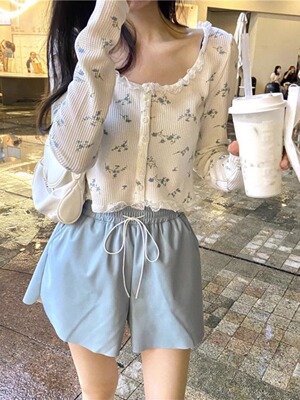 韩版修身漏锁骨短款碎花女上衣