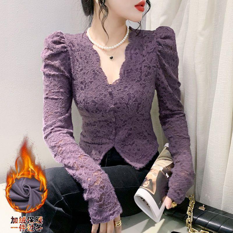 秋冬加绒蕾丝上衣法式独特别致