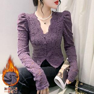 秋冬法式独特别致v领蕾丝网纱加绒加厚短款上衣长打底衫女内搭t恤
