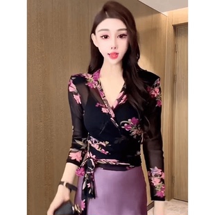 收腰绑带防晒衫长袖性感网纱印花修身显瘦气质百搭打底衫潮女上衣