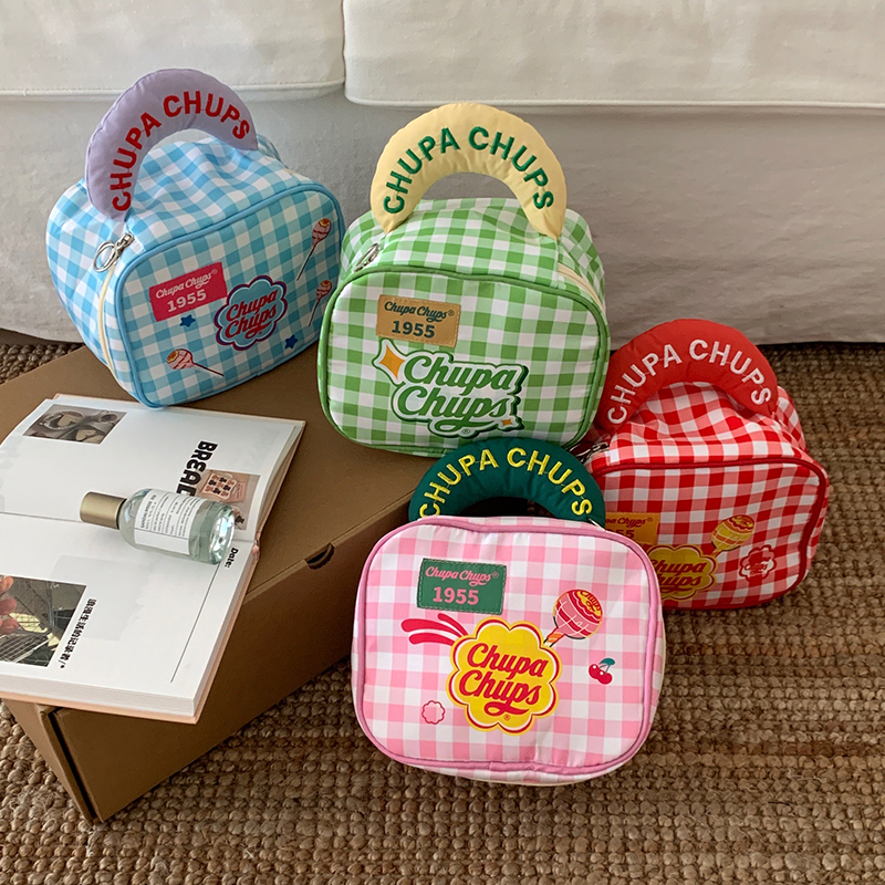 2024新款珍宝珠刺绣糖果色格子化妆包大容量收纳整理便携式包包