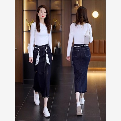 深蓝色牛仔半身裙女春秋2025新款覆古高腰中长裙后开叉a字包臀裙