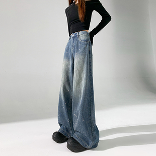 李李服饰流星雨重工烫钻阔腿牛仔裤女2025年秋季高腰宽松显瘦长裤