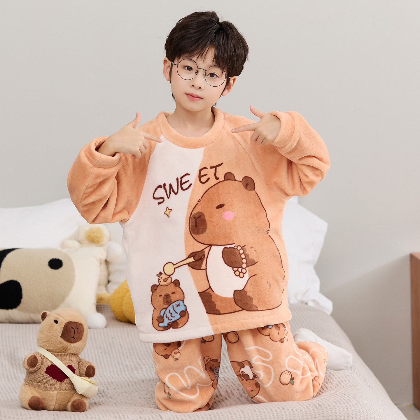 男童法兰绒保暖睡衣秋冬儿童珊瑚绒家居服冬季男孩中大童加厚套装