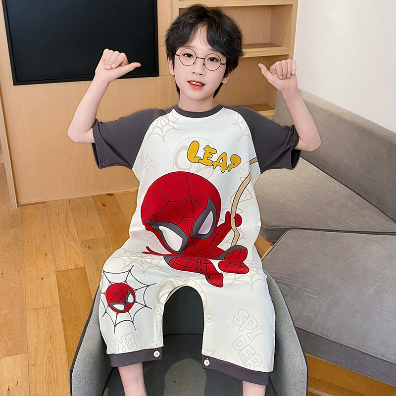 儿童连体睡衣男童夏季纯棉薄款短袖防踢夏天中大童小男孩宝宝睡袋图片