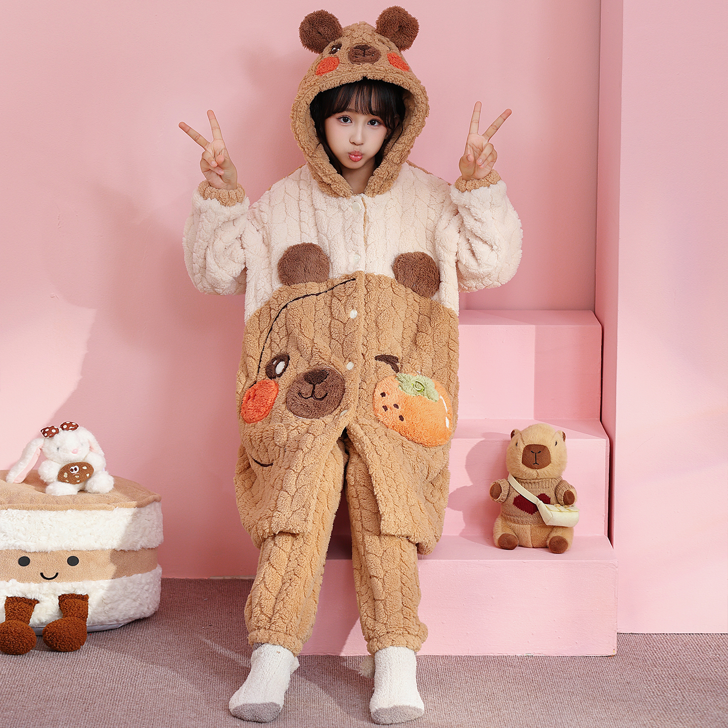 女童睡衣儿童女孩睡袍冬季加绒加厚珊瑚绒中大童法兰绒家居服套装