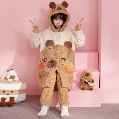女童睡衣儿童女孩睡袍冬季加绒加厚珊瑚绒中大童法兰绒家居服套装