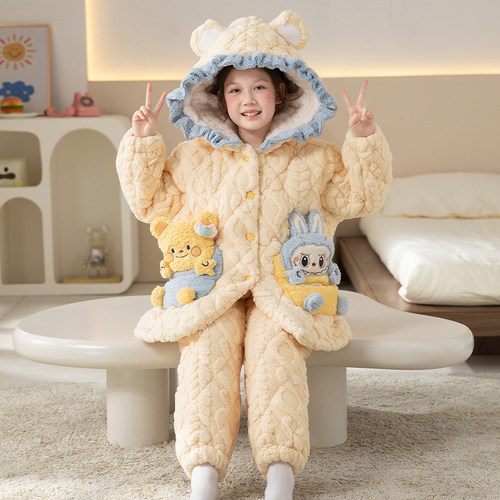 儿童睡衣女孩2025新款冬季三层夹棉加厚珊瑚绒冬款女童家居服套装