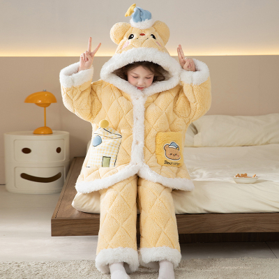 儿童睡衣女孩冬款加绒加厚三层夹棉珊瑚绒冬季2025新款女童家居服