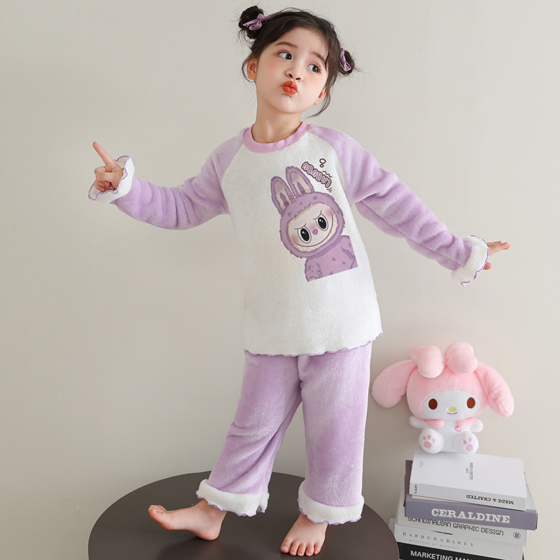 秋冬季女孩法兰绒保暖睡衣女童卡通拉布布中大童宝宝珊瑚绒家居服