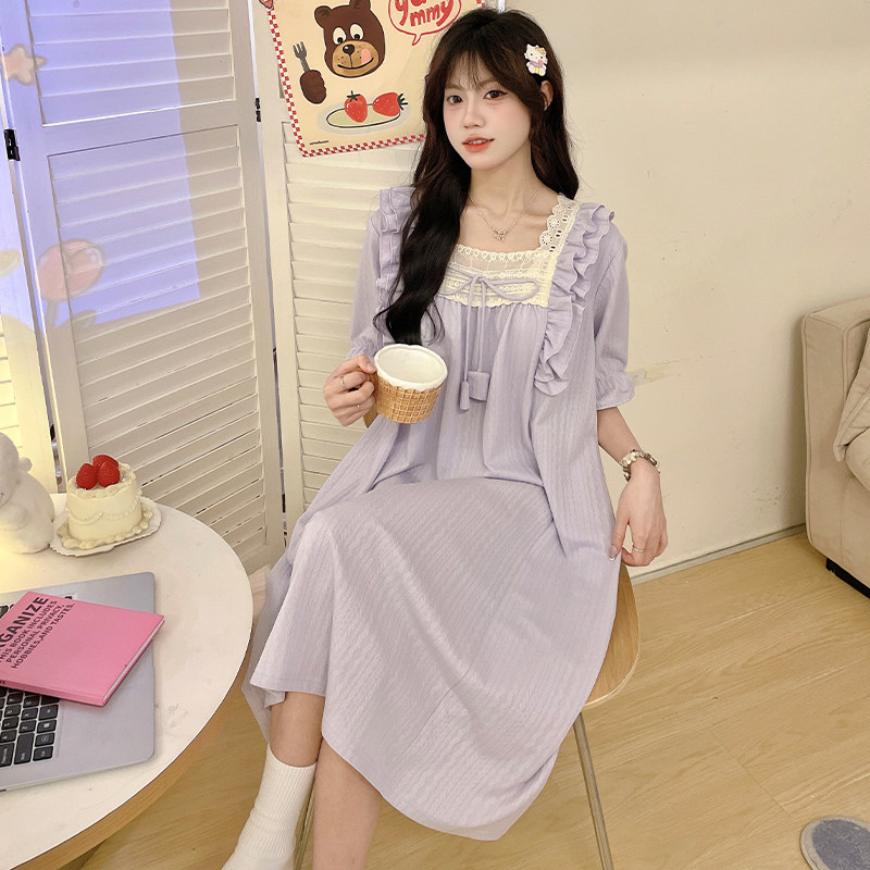 睡裙女款2025新款带胸垫夏季可爱公主风宽松薄款甜美少女睡衣纯色