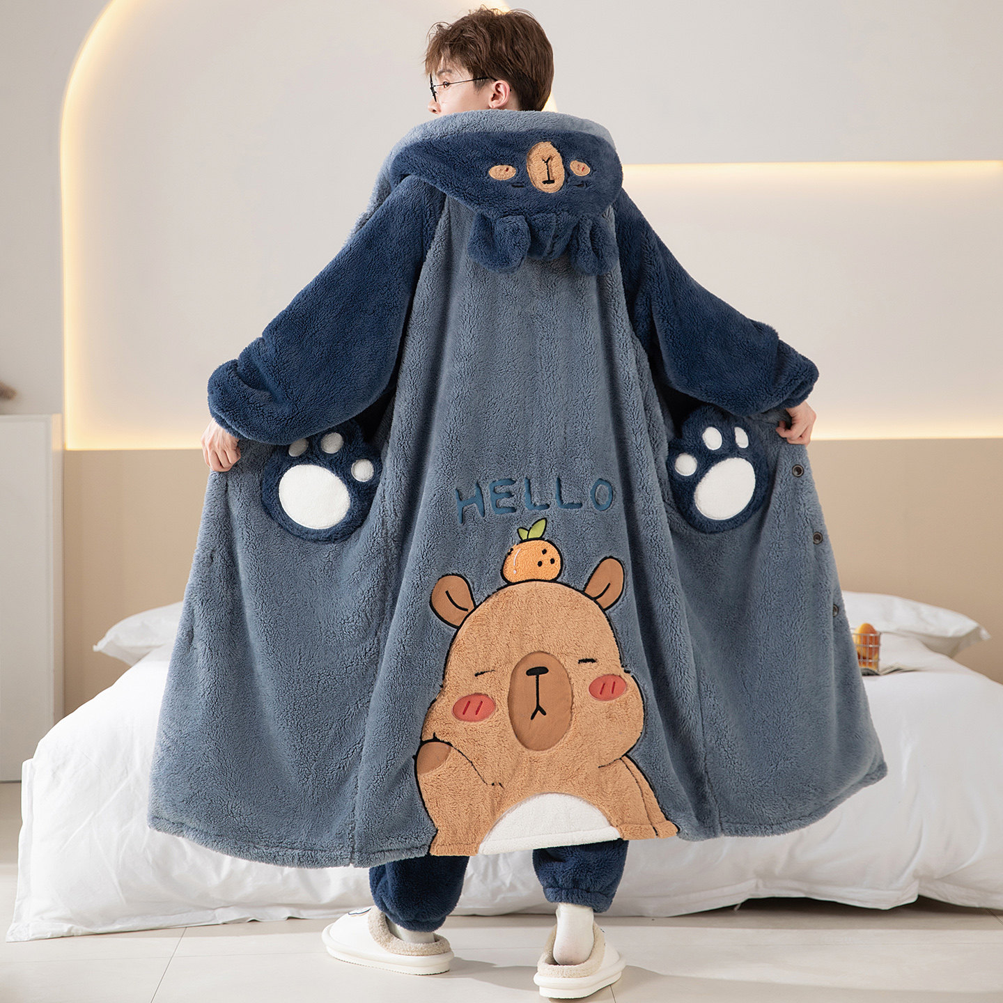 睡衣男士秋冬季加绒加厚珊瑚绒睡袍套装冬天法兰绒长袍连帽家居服