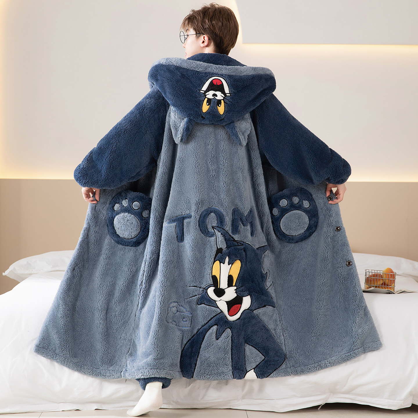 珊瑚绒睡衣男秋冬季青少年卡通睡袍法兰绒加绒加厚男士浴袍家居服