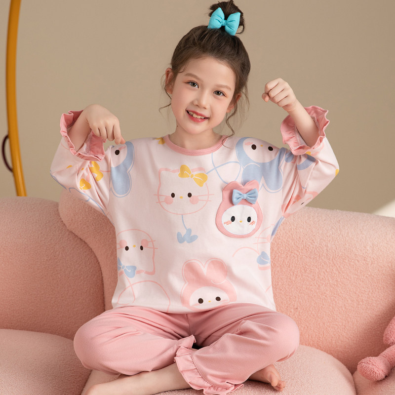 儿童睡衣女孩春秋季纯棉长袖套装中大童卡通宝宝公主风女童家居服