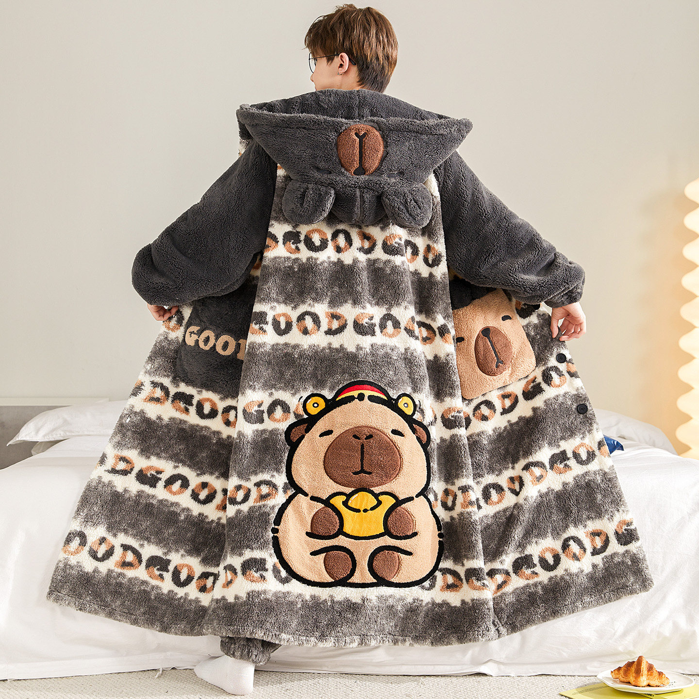 男士睡衣秋冬季加绒加厚珊瑚绒睡袍青少年初高中生浴袍家居服套装