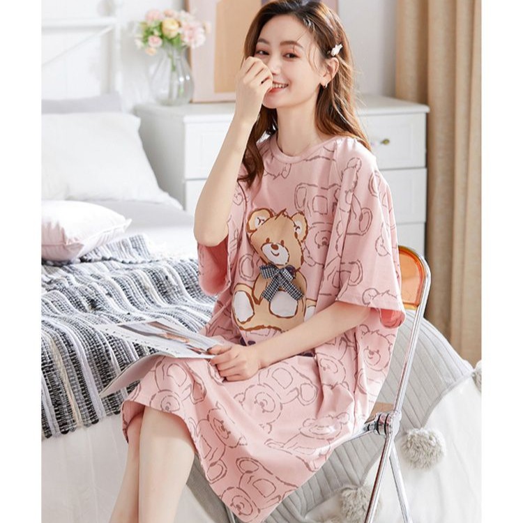 睡裙女夏季卡通可爱韩版甜美短袖睡衣薄款中长款可外穿夏天家居服