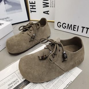 英伦风休闲勃肯鞋 女2025秋季 新款 磨砂皮圆头系带平底复古豆豆女鞋