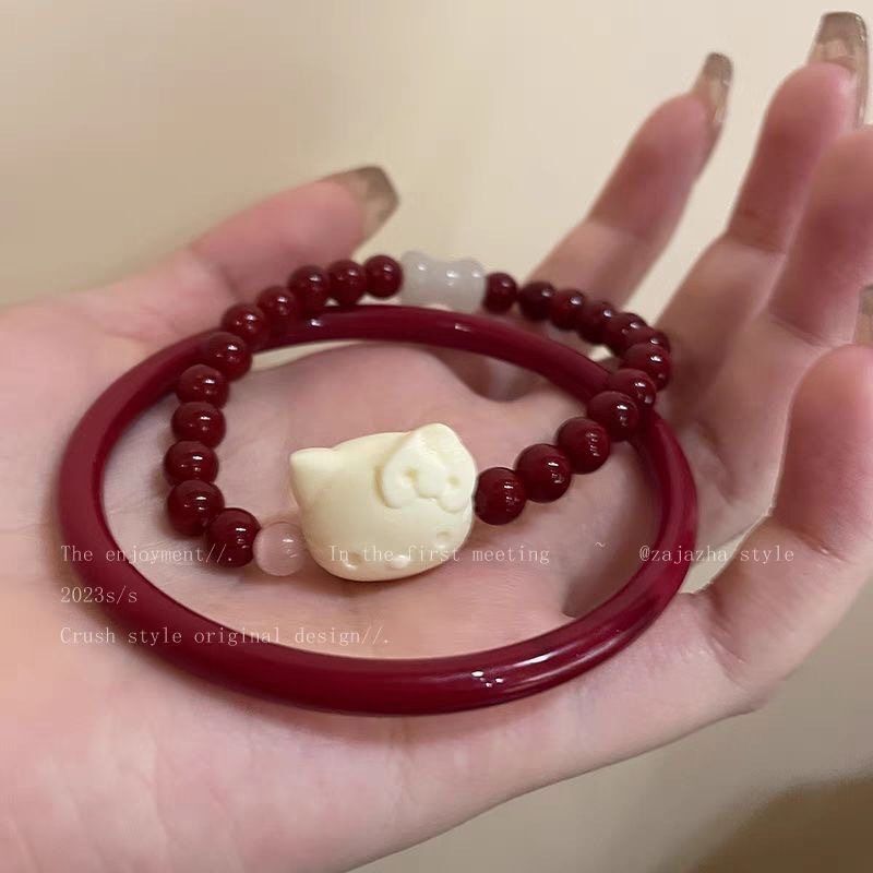 秋上新可爱小猫防朱砂串珠手链女生小众气质中式手串复古百搭网红
